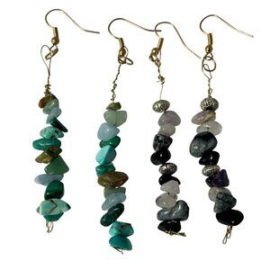 Lot 2 Chip Stone Dangle Earrings Green Black Gray Boho Hippie Natural